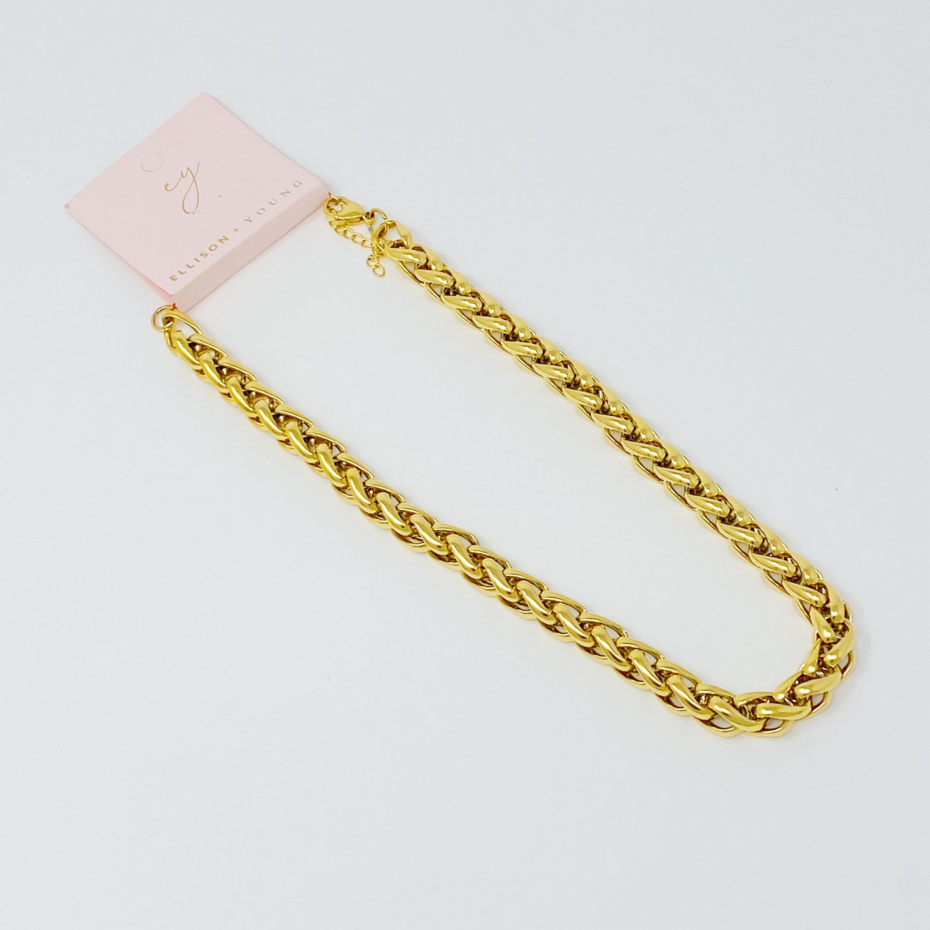 Bold and Edgy Chain Necklace featuring small links, 18k gold plated stainless steel, and a stylish design for layering.