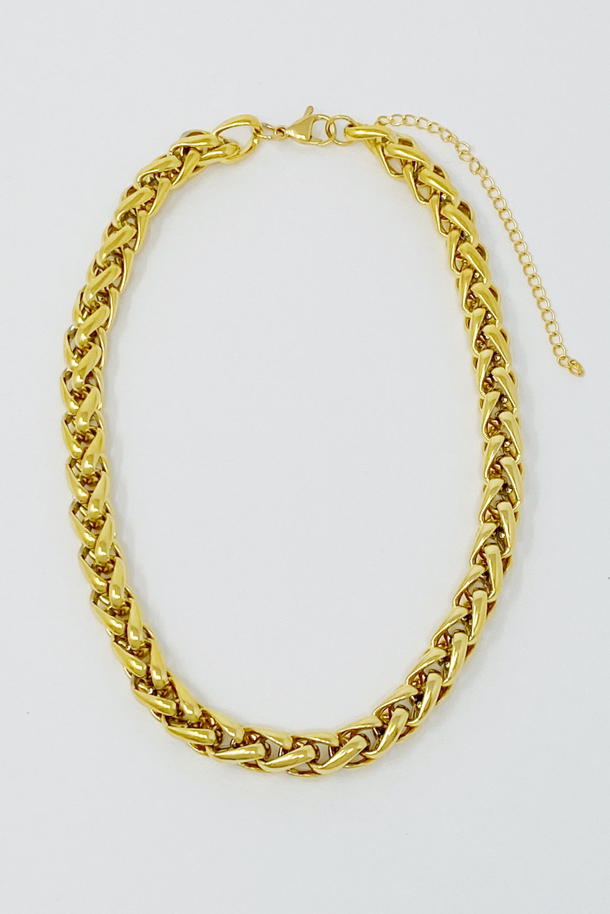 Bold and Edgy Chain Necklace featuring small links, 18k gold plated stainless steel, and a stylish design for layering.