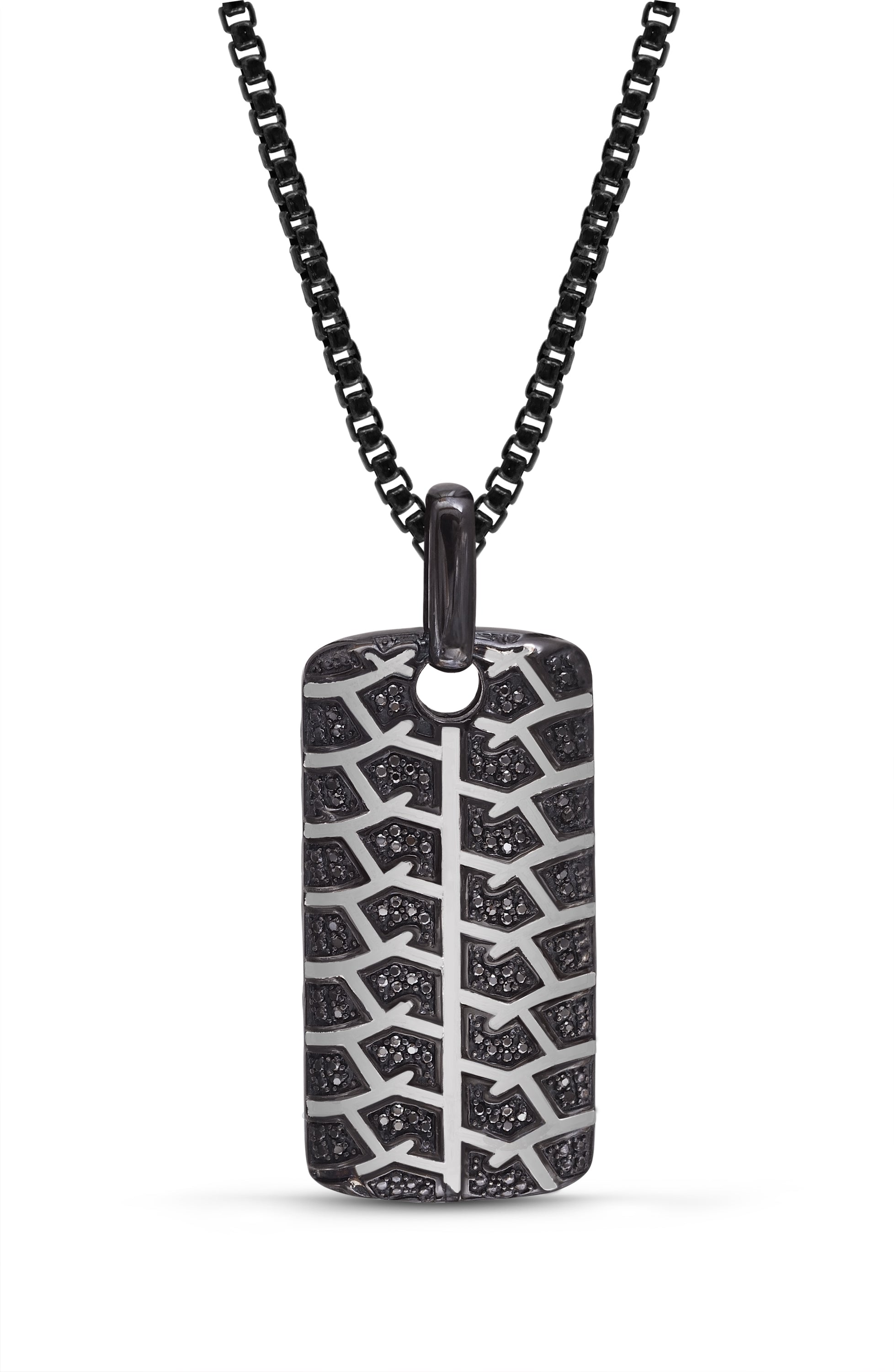 Born Drifter Black Rhodium Plated Sterling Silver Tag with tire tread pattern and black diamonds, displayed on a classic round box chain.