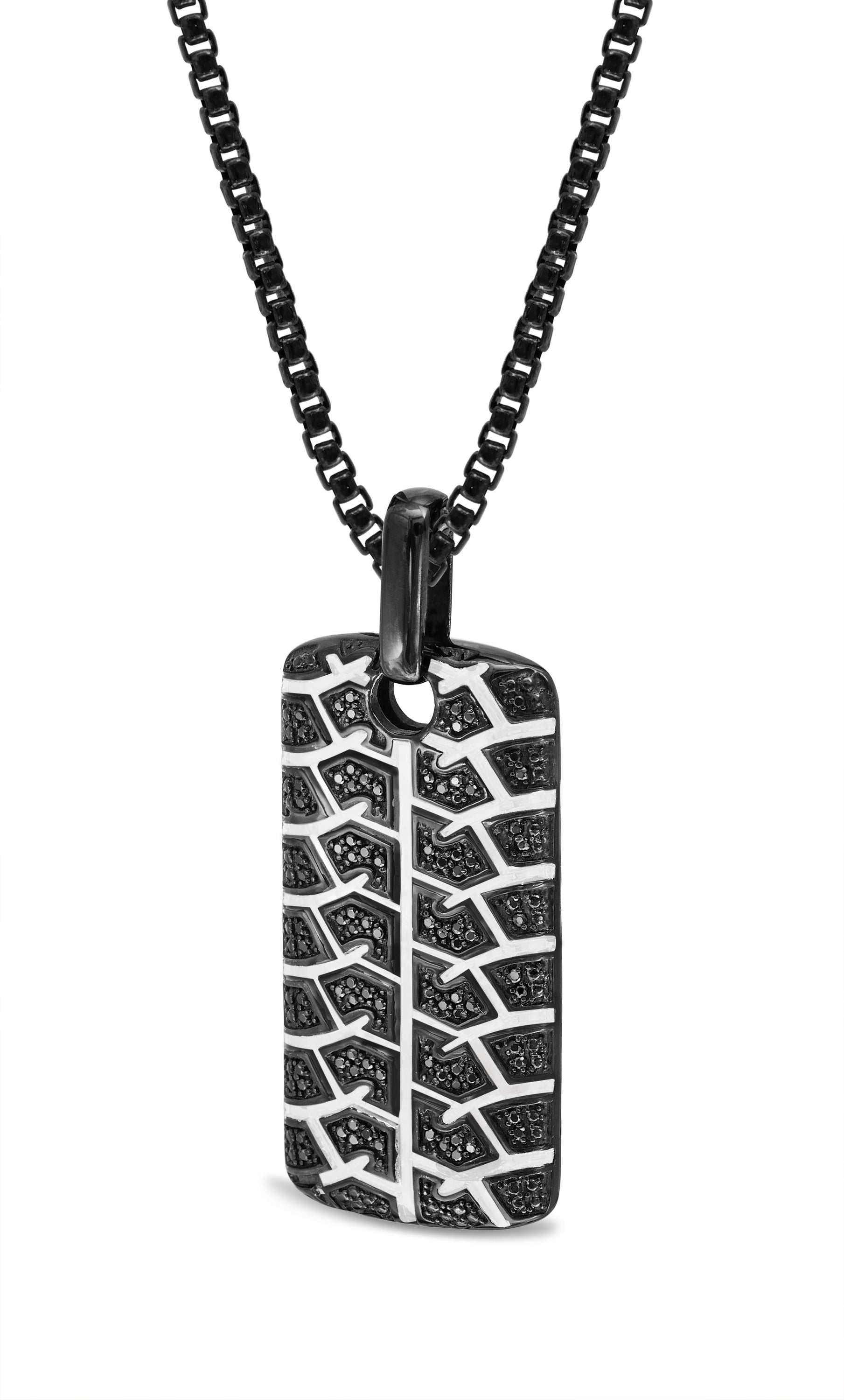 Born Drifter Black Rhodium Plated Sterling Silver Tag with tire tread pattern and black diamonds, displayed on a classic round box chain.