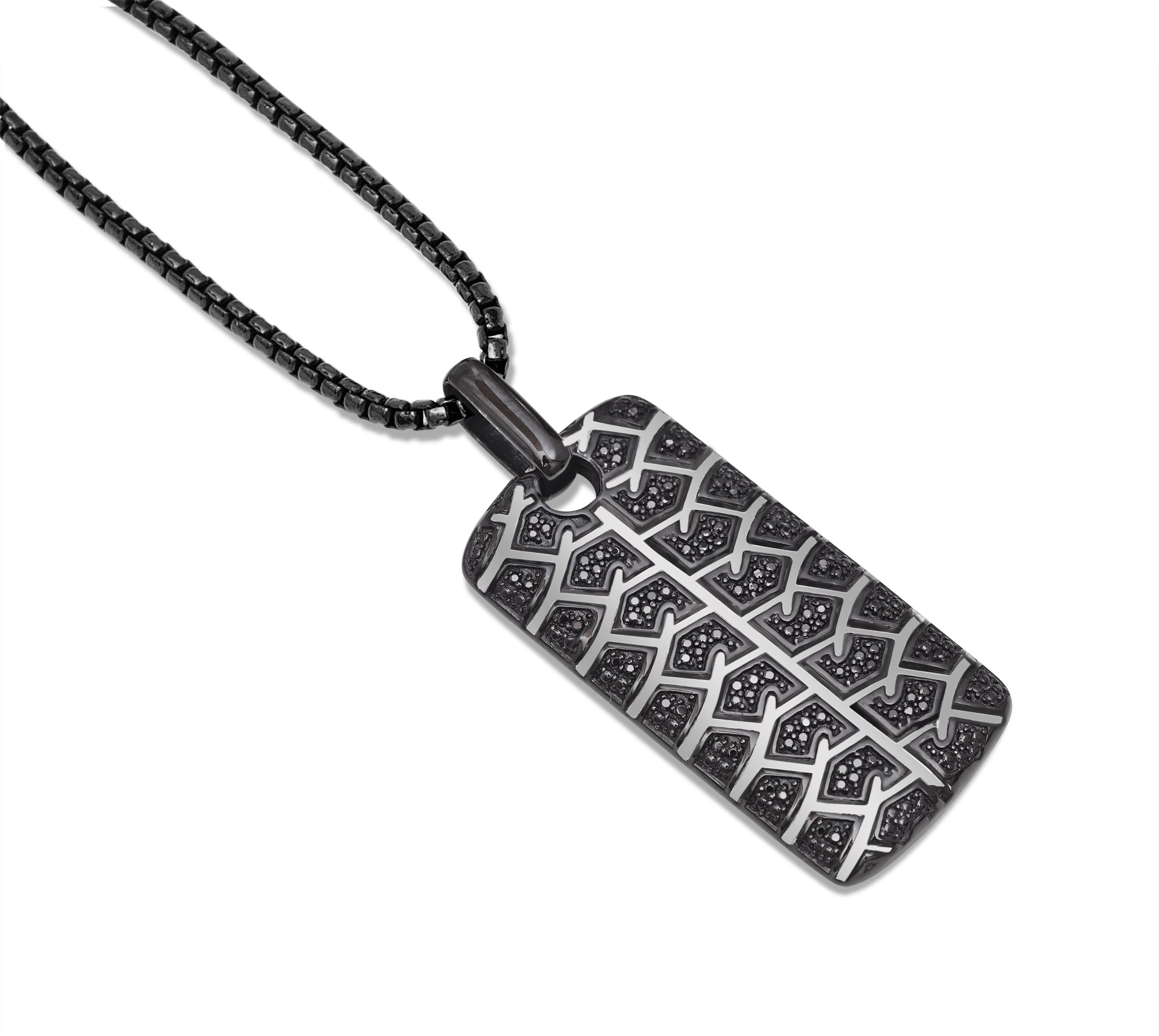 Born Drifter Black Rhodium Plated Sterling Silver Tag with tire tread pattern and black diamonds, displayed on a classic round box chain.