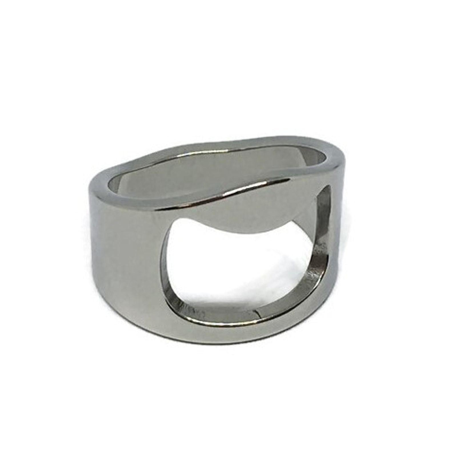 A stylish stainless steel ring designed as a bottle opener, showcasing its sleek finish and lightweight design.