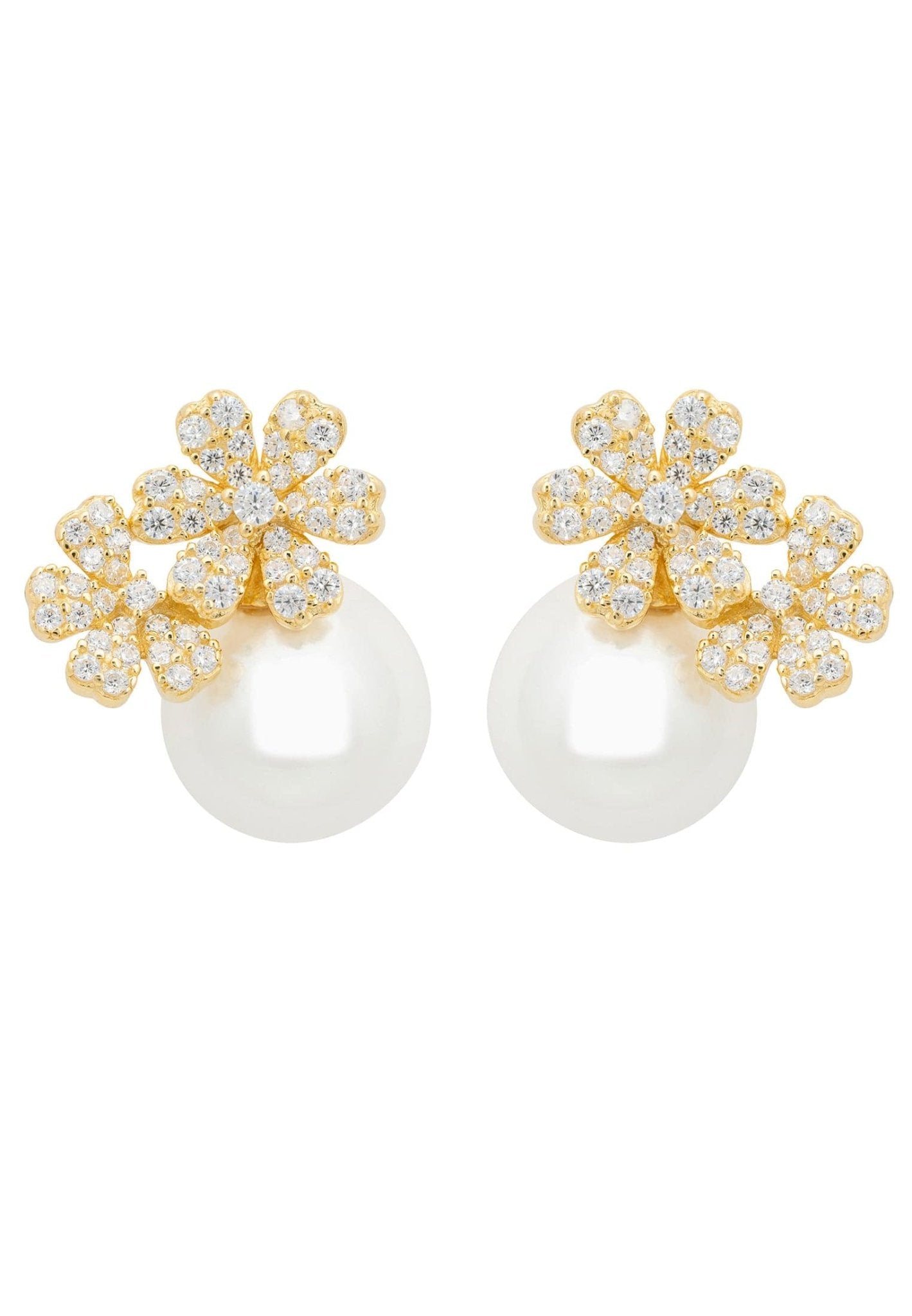 Elegant gold bouquet and pearl stud earrings featuring cubic zirconia, perfect for bridal and evening wear.