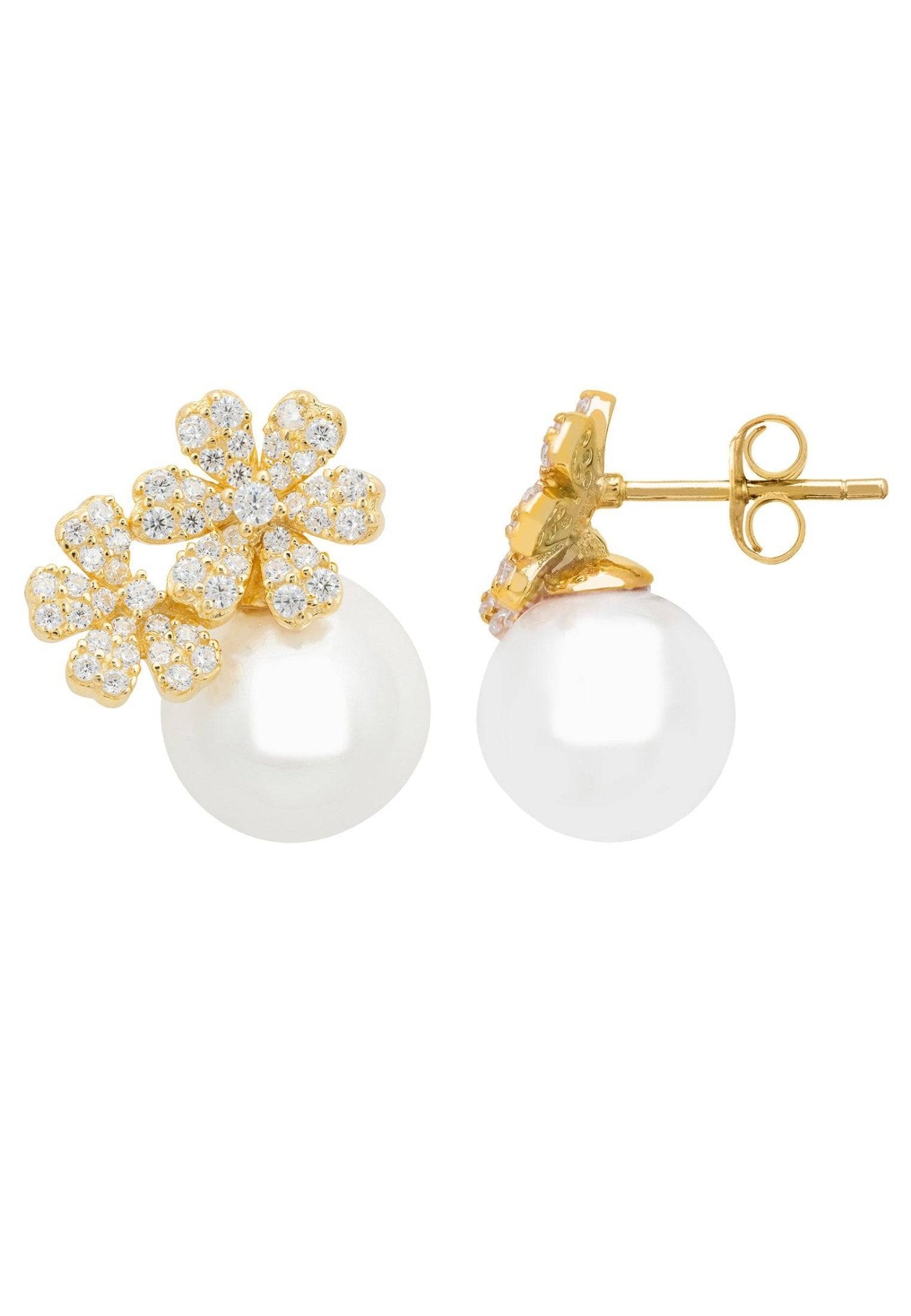 Elegant gold bouquet and pearl stud earrings featuring cubic zirconia, perfect for bridal and evening wear.