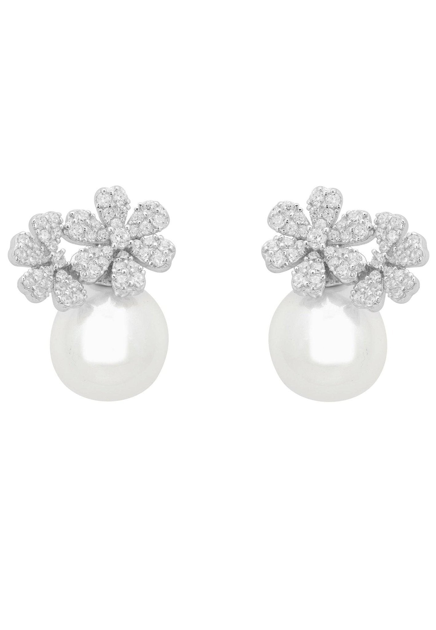 Elegant silver bouquet and pearl stud earrings featuring floral design and sparkling cubic zirconia.