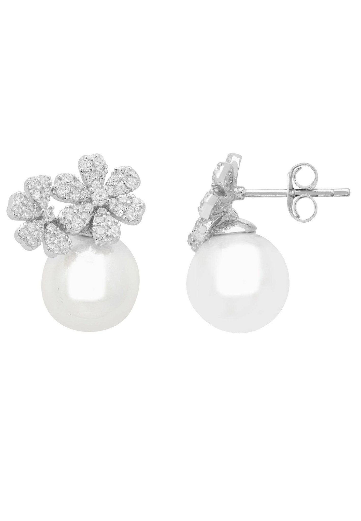 Elegant silver bouquet and pearl stud earrings featuring floral design and sparkling cubic zirconia.