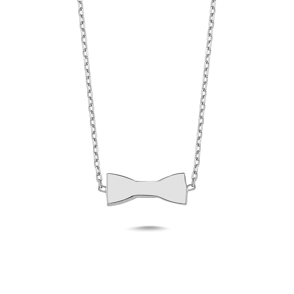 A delicate Bow Tie Dainty Silver Chain Necklace featuring a handmade 925 sterling silver pendant with an 18k rose gold plated finish.