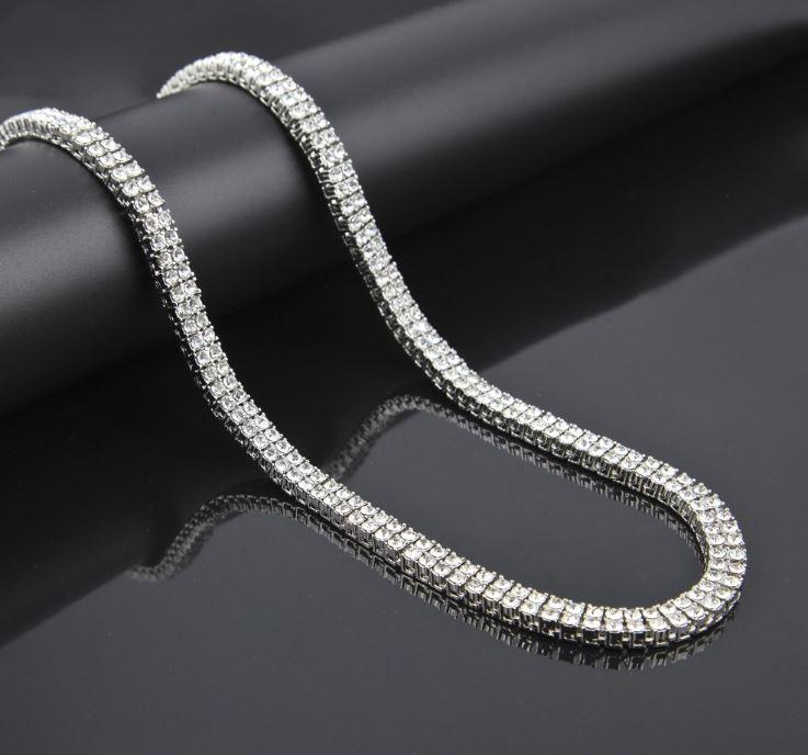 BRACE 2 Row 24" Tennis Chain featuring sparkling rhinestones on a base alloy metal chain, showcasing a luxurious design.