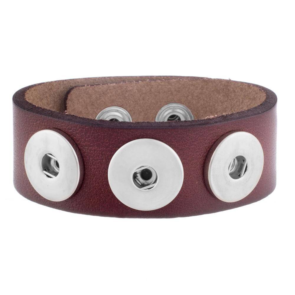 Brown chocolate leather cuff bracelet with three adjustable snaps, designed for ArtPoppers Charms.