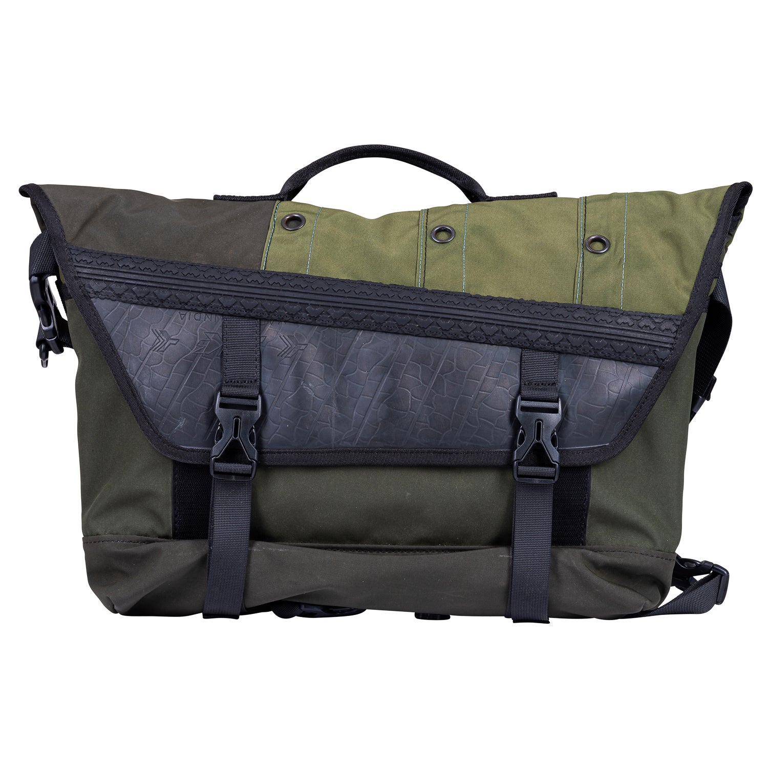 Bradley Upcycled Water Resistant Bike Messenger Bag made from reclaimed materials, featuring adjustable straps and a padded laptop compartment.