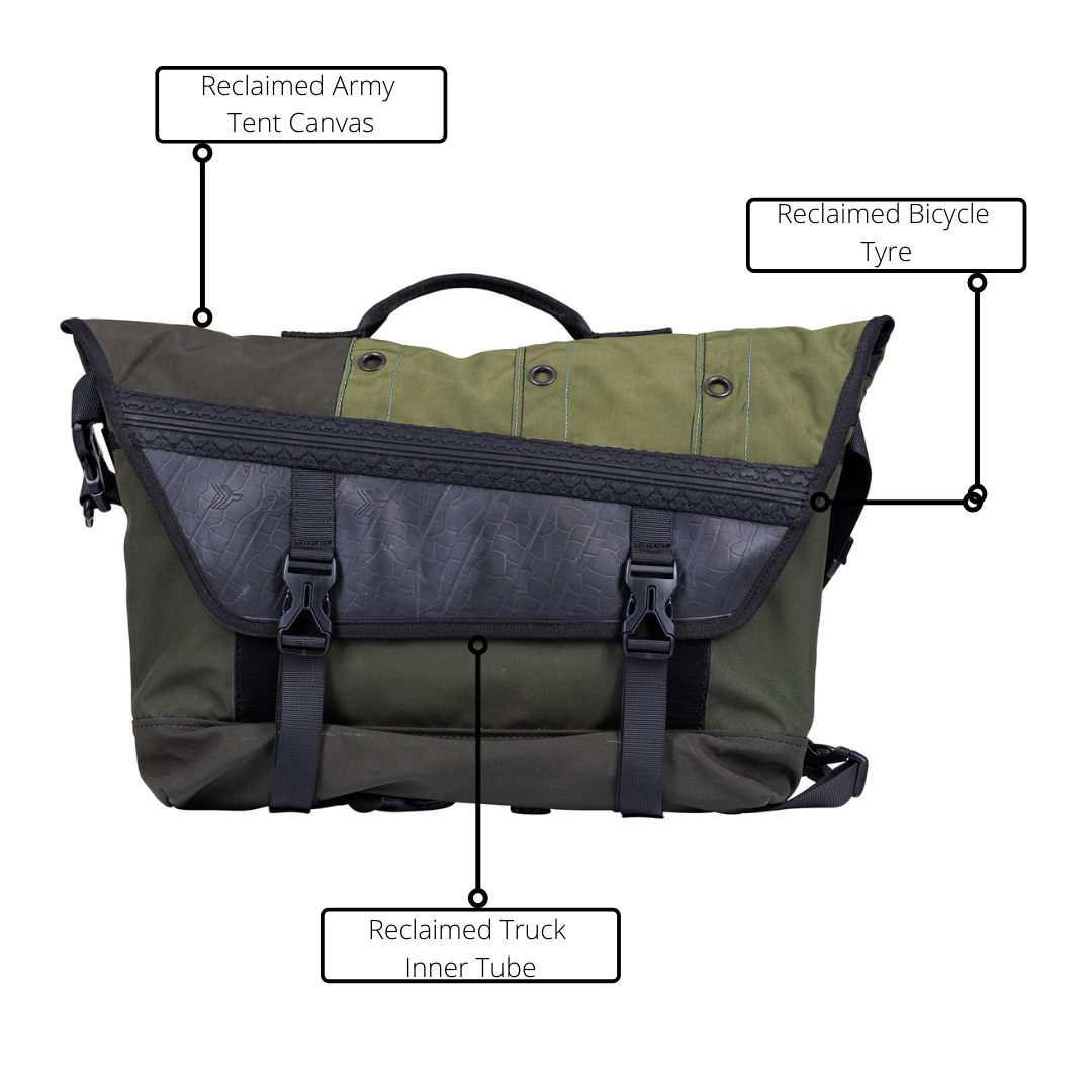 Bradley Upcycled Water Resistant Bike Messenger Bag made from reclaimed materials, featuring adjustable straps and a padded laptop compartment.