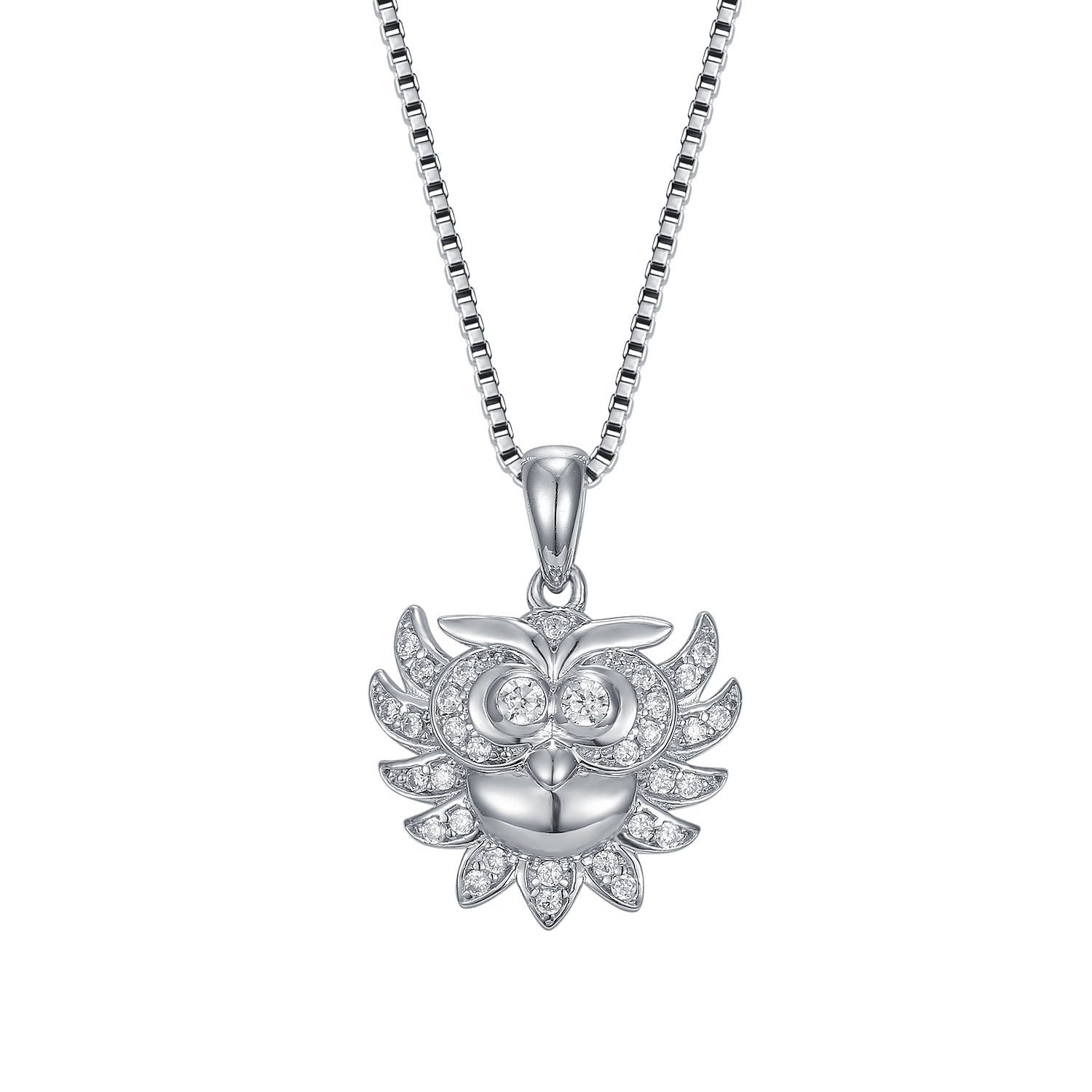 Brave Wisdom owl necklace made of 925 sterling silver with white sapphire, showcasing intricate design and luxurious finish.