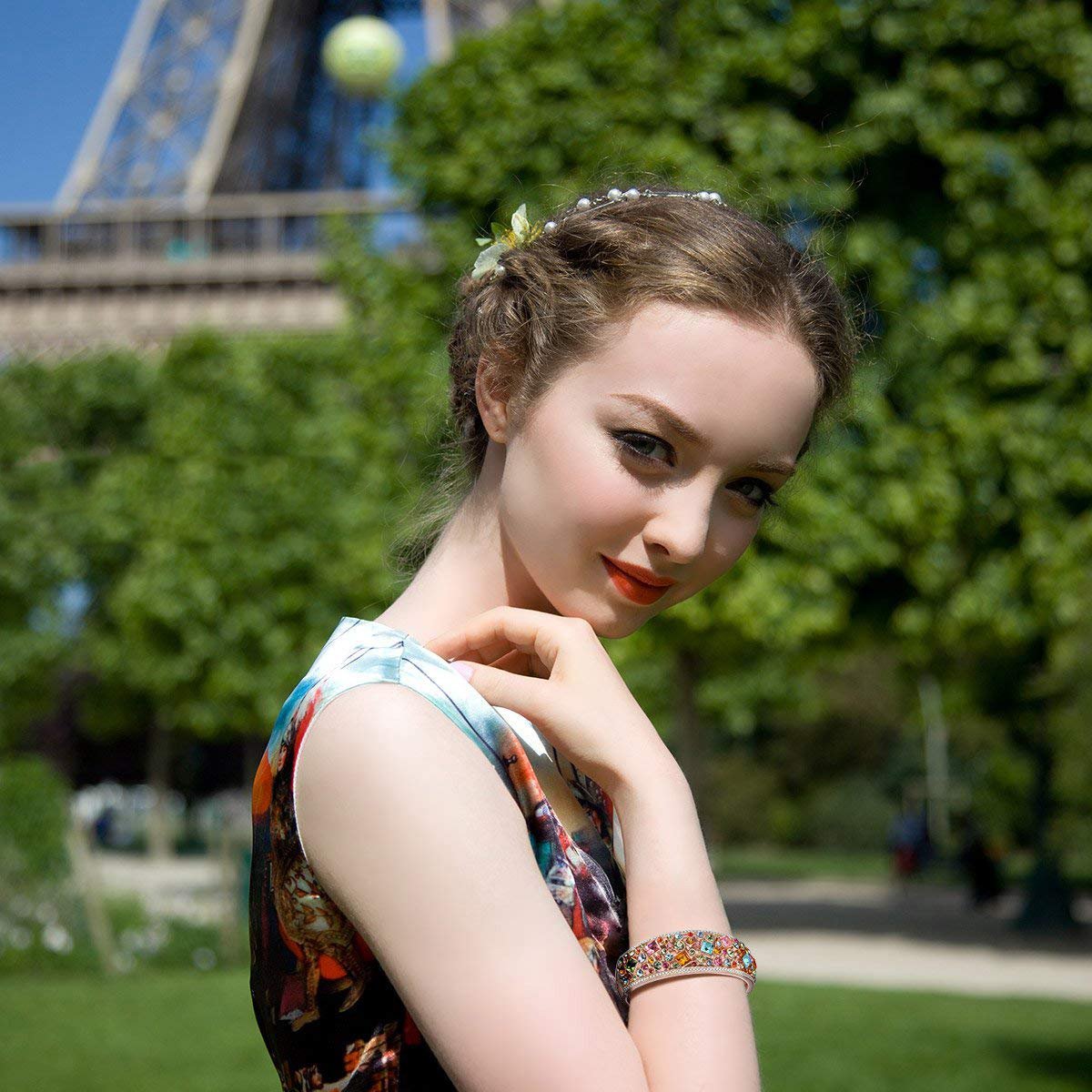 Bregenz Rainbow of Life Bangle in 18K rose gold plating, embellished with sparkling Austrian crystals, showcasing its elegant design.