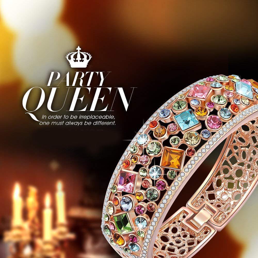 Bregenz Rainbow of Life Bangle in 18K rose gold plating, embellished with sparkling Austrian crystals, showcasing its elegant design.