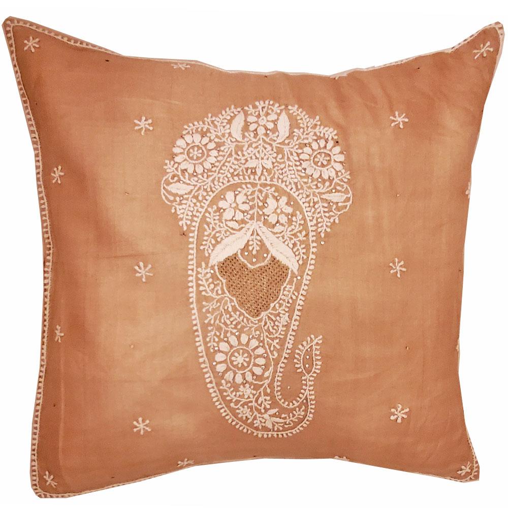 Brinda Embroidery Design Silk Fabric Cushion Cover featuring intricate Indian patterns, measuring 16 x 16 inches, perfect for home decor.