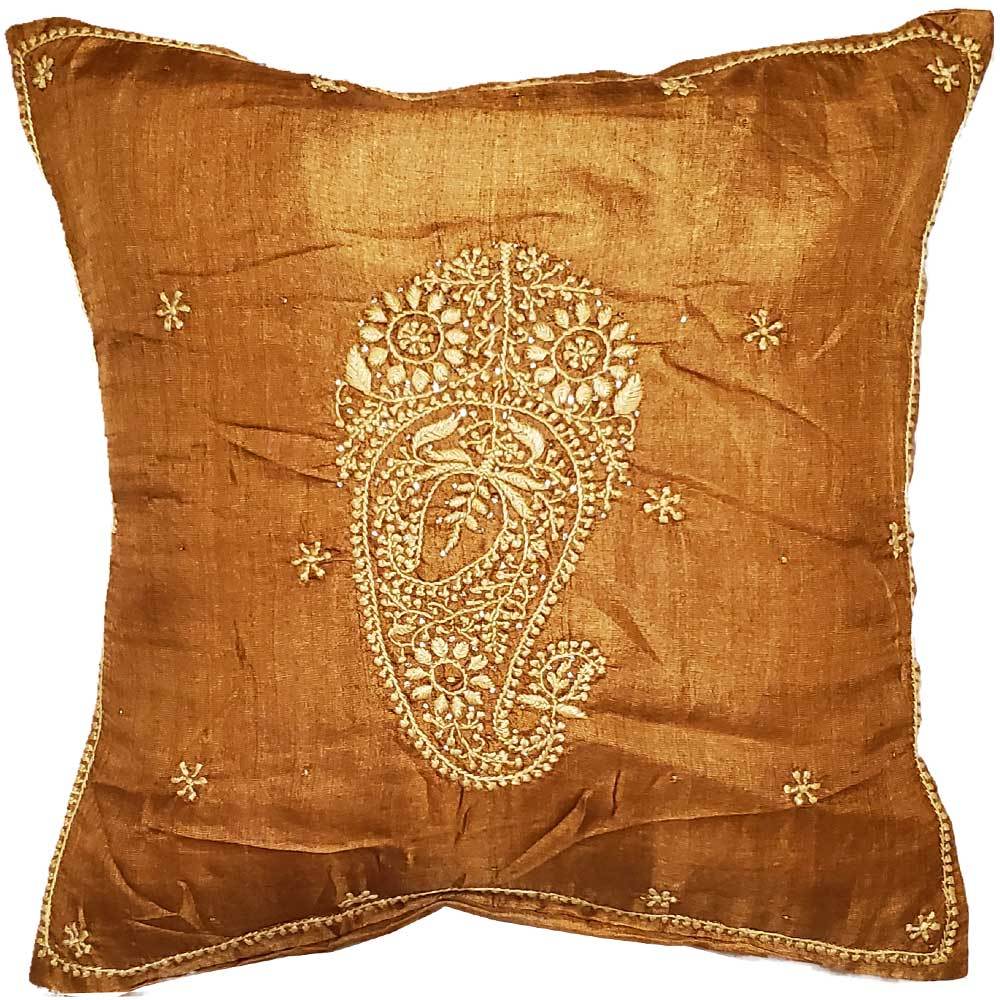 Brinda Embroidery Design Silk Fabric Cushion Cover featuring intricate Indian patterns, measuring 16 x 16 inches, perfect for home decor.