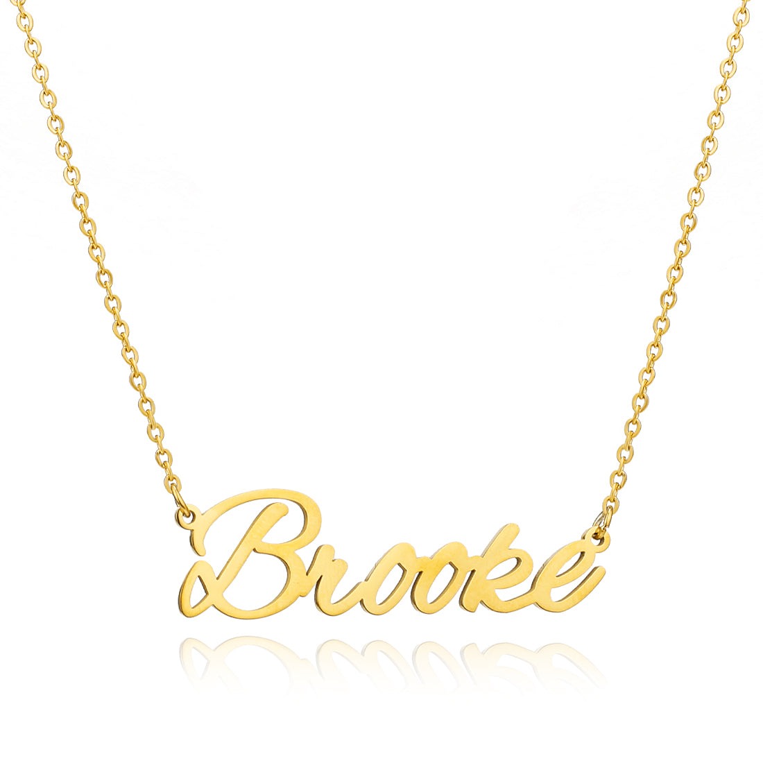 Brooke Name Necklace in gold with adjustable chain, showcasing elegant design and personalized name feature.