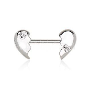 Broken Heart Nipple Bar made of 316L stainless steel with clear cubic zirconia accents, featuring a unique broken heart design.