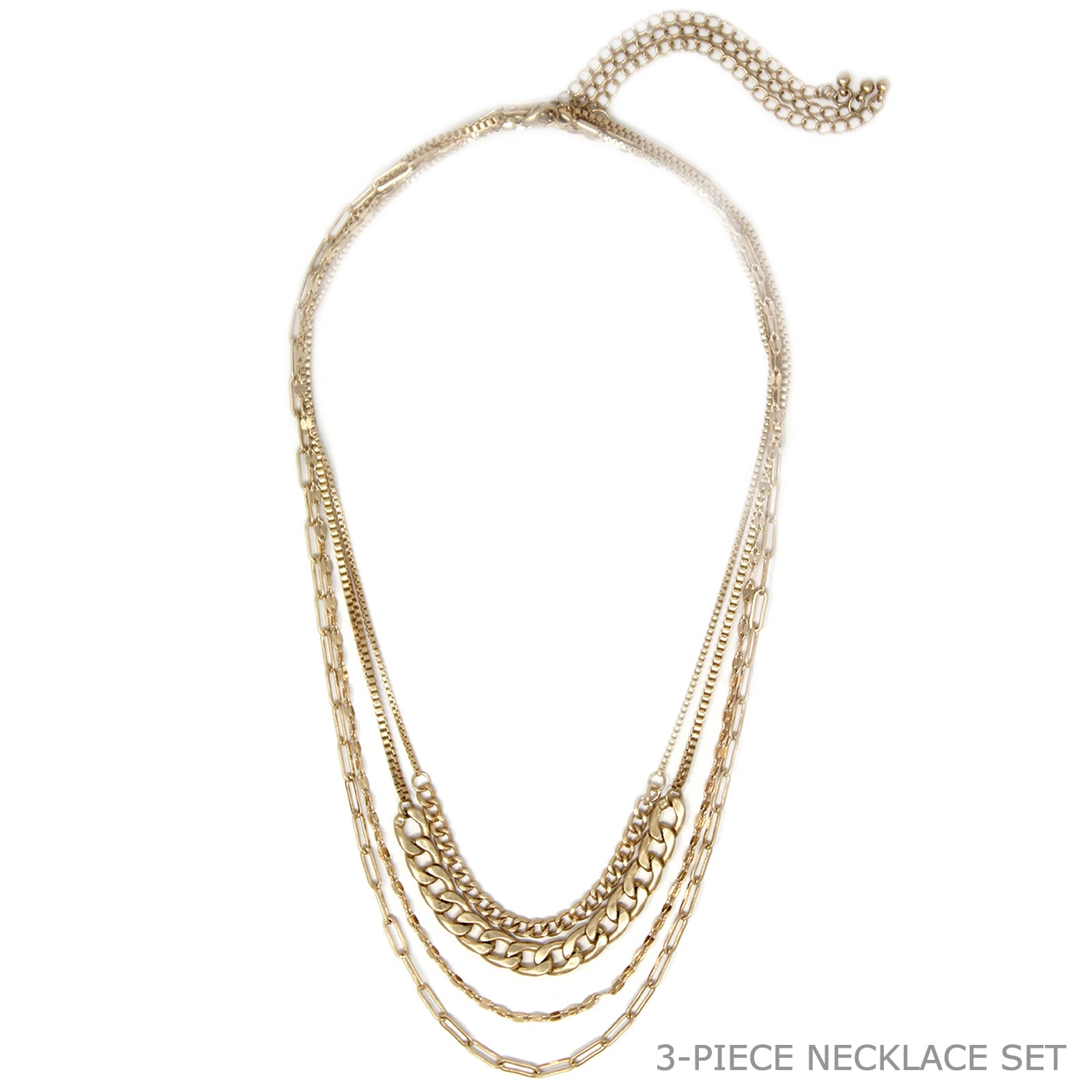 Brooklyn Four Chains Necklace Set of 3 featuring layered Cuban, link, and textured chains in alloy metal.