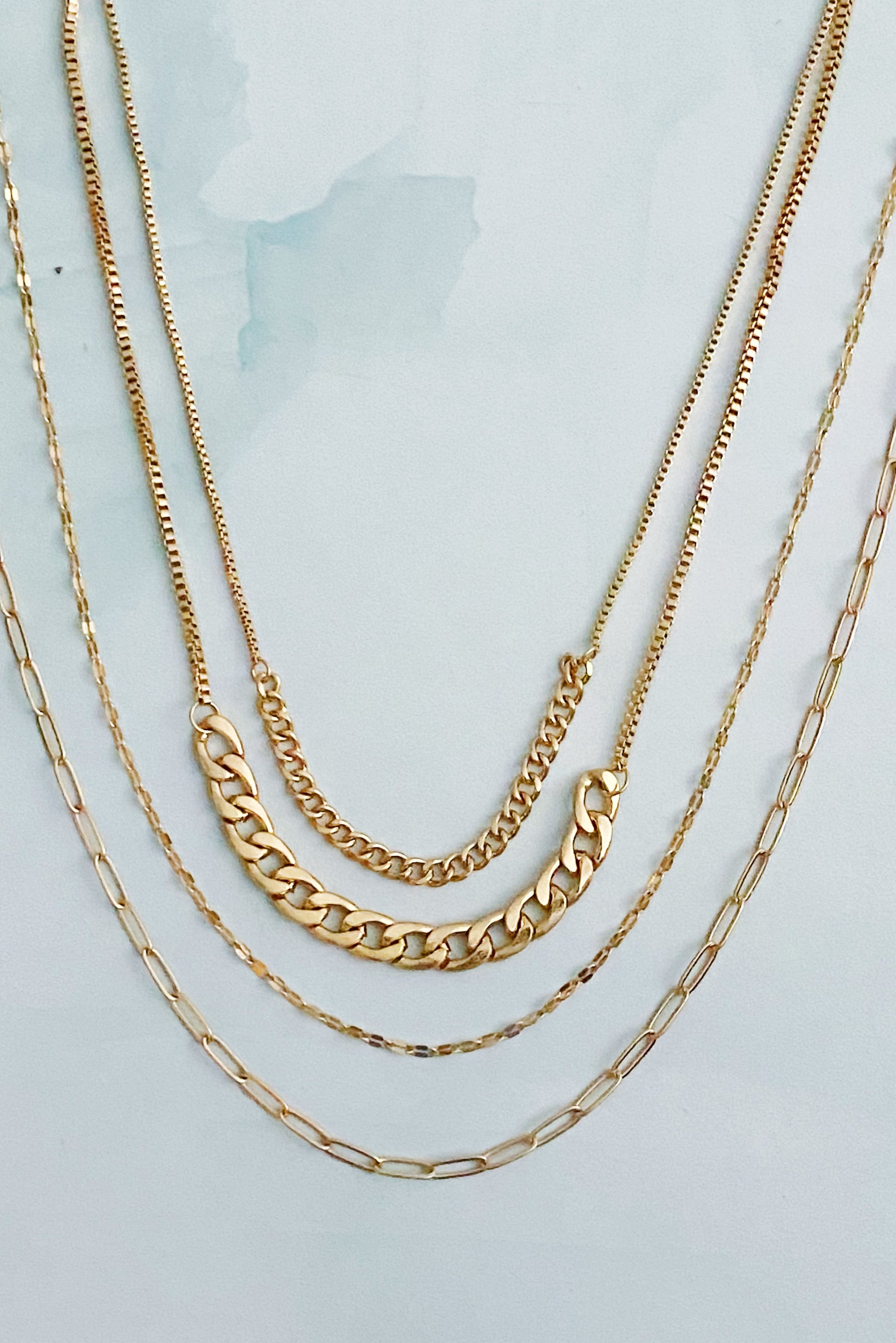 Brooklyn Four Chains Necklace Set of 3 featuring layered Cuban, link, and textured chains in alloy metal.