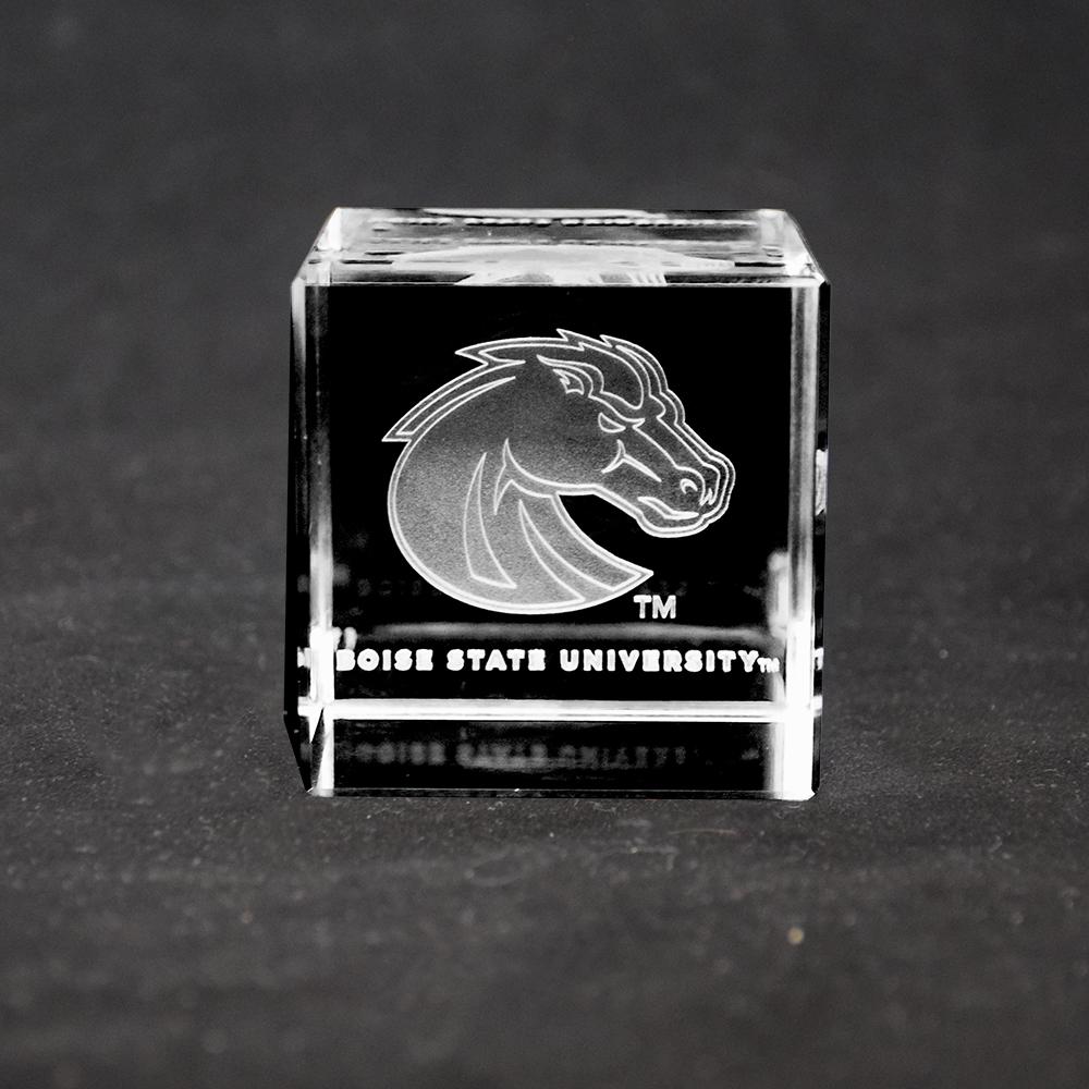 Boise State Bronco Crystal Cube showcasing the logo inside a clear optical crystal cube with sharp angles.