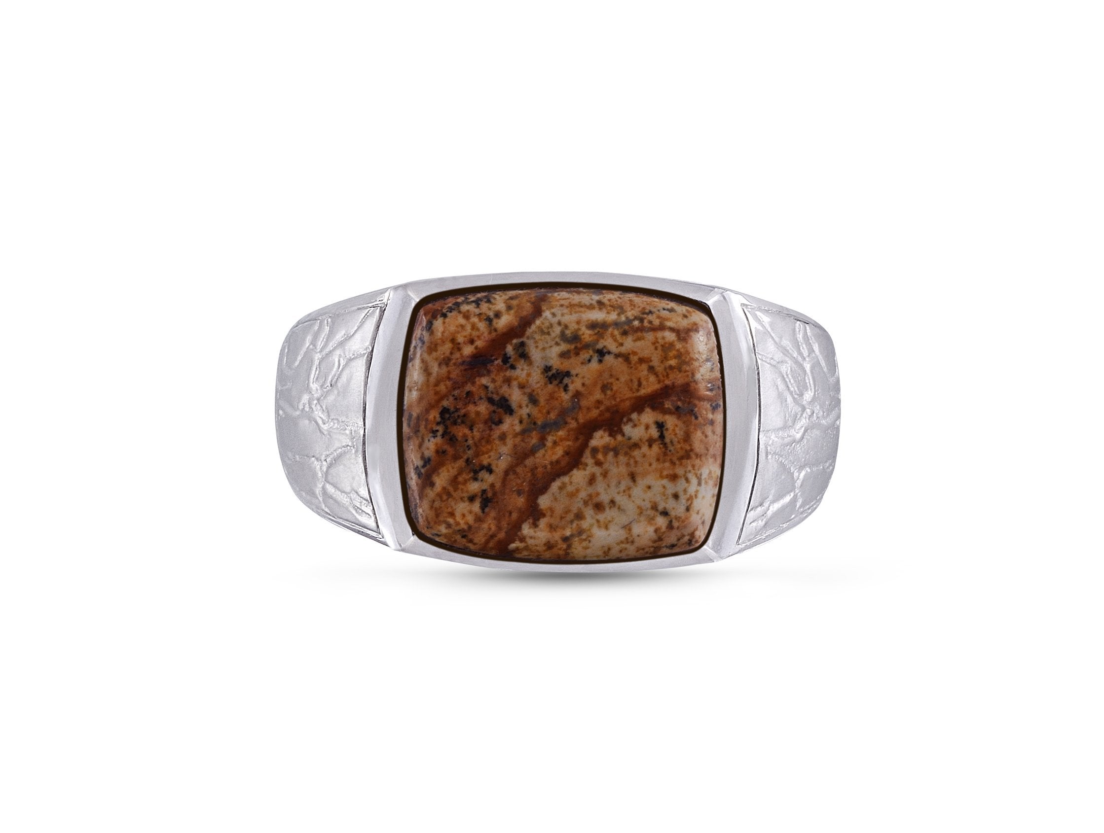 Brown Picasso Jasper Stone Signet Ring set in 14K Yellow Gold Plated, showcasing a textured design and unique stone.