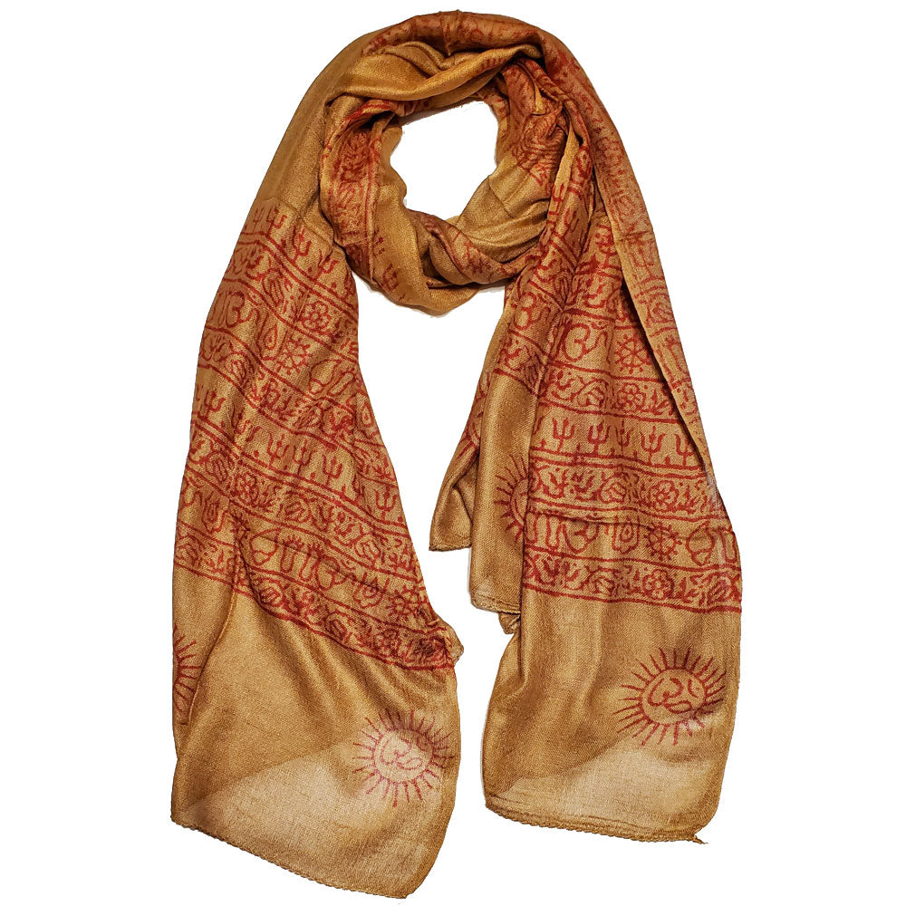 A luxurious brown scarf featuring intricate Om symbols and Asian designs, accented with vibrant blue turquoise colors, made from 100% cotton.