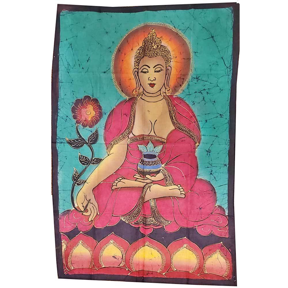 Double-sided wall hanging featuring Buddha in the Calling the Earth to Witness Mudra, showcasing vibrant Batik design and artisan craftsmanship.