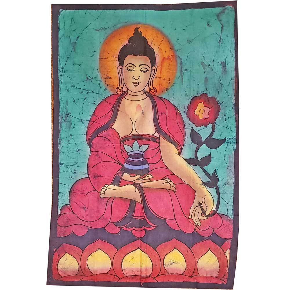 Double-sided wall hanging featuring Buddha in the Calling the Earth to Witness Mudra, showcasing vibrant Batik design and artisan craftsmanship.