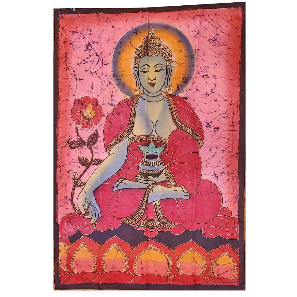 Double-sided wall hanging featuring Buddha in the Calling the Earth to Witness Mudra, showcasing vibrant Batik design and artisan craftsmanship.