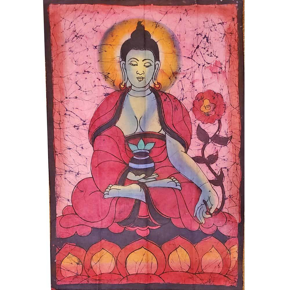 Double-sided wall hanging featuring Buddha in the Calling the Earth to Witness Mudra, showcasing vibrant Batik design and artisan craftsmanship.