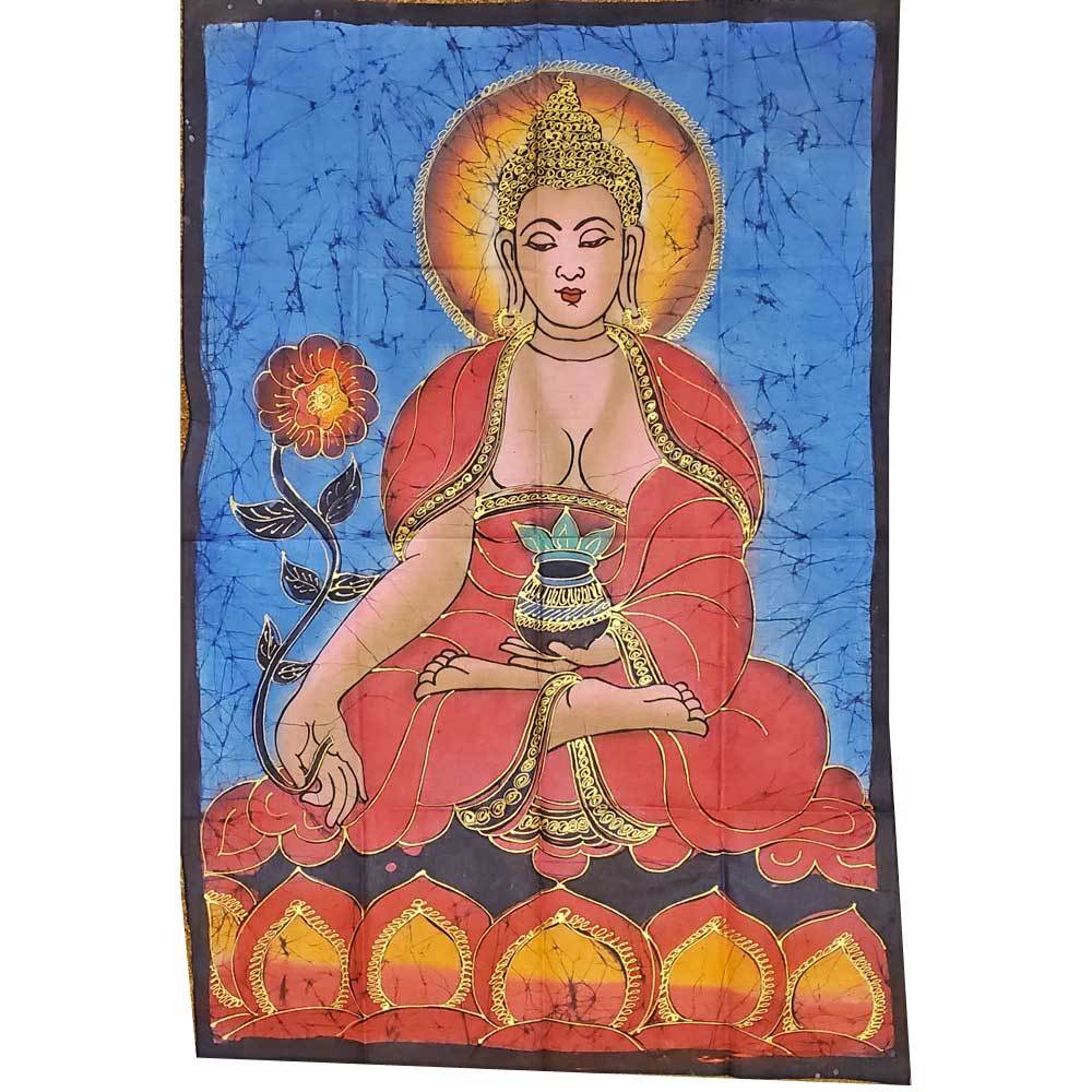 Double-sided wall hanging featuring Buddha in the Calling the Earth to Witness Mudra, showcasing vibrant Batik design and artisan craftsmanship.