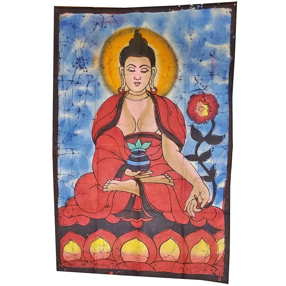 Double-sided wall hanging featuring Buddha in the Calling the Earth to Witness Mudra, showcasing vibrant Batik design and artisan craftsmanship.