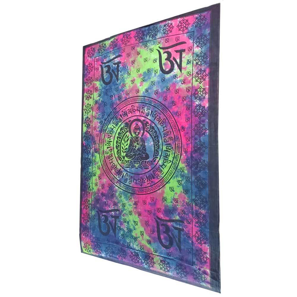 Buddhist Om Symbol Tapestry featuring Seven Chakra Symbols, handmade cotton wall hanging, vibrant colors and intricate designs.