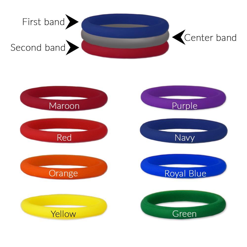 Stackable silicone ring set featuring a plain gray center band, customizable with various outside colors.