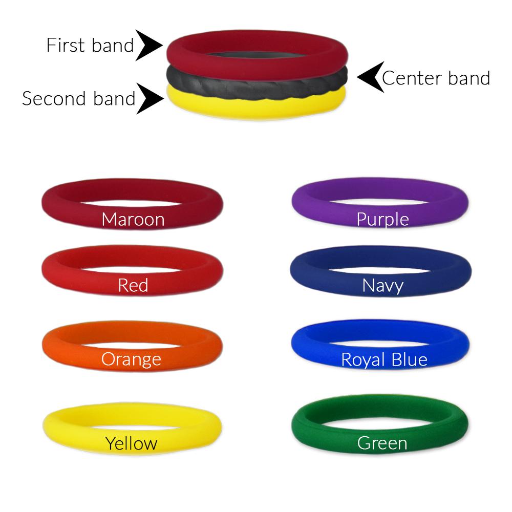 A stylish stackable silicone ring set featuring a black rope center band, customizable outer bands, and available in various sizes.