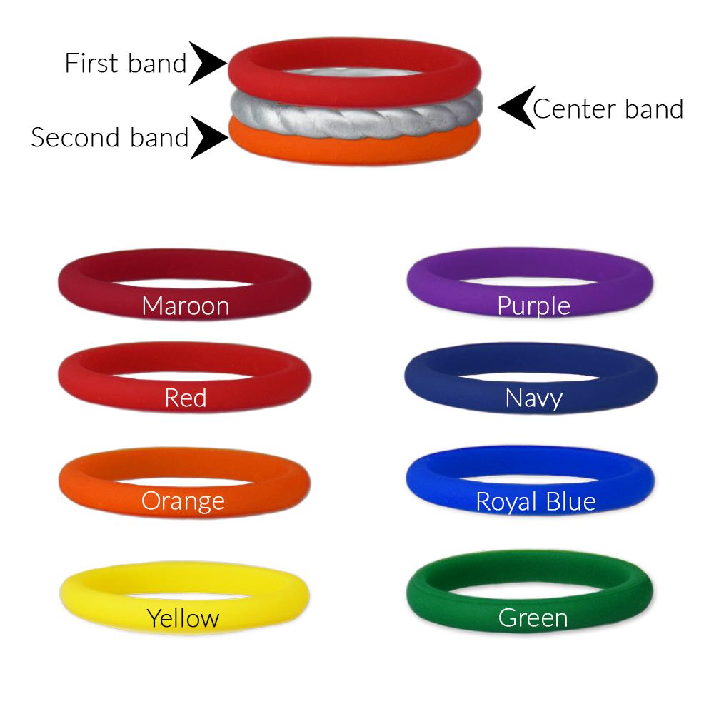 A stylish stackable silicone ring set featuring a silver rope center band, showcasing multiple color options for outer bands.