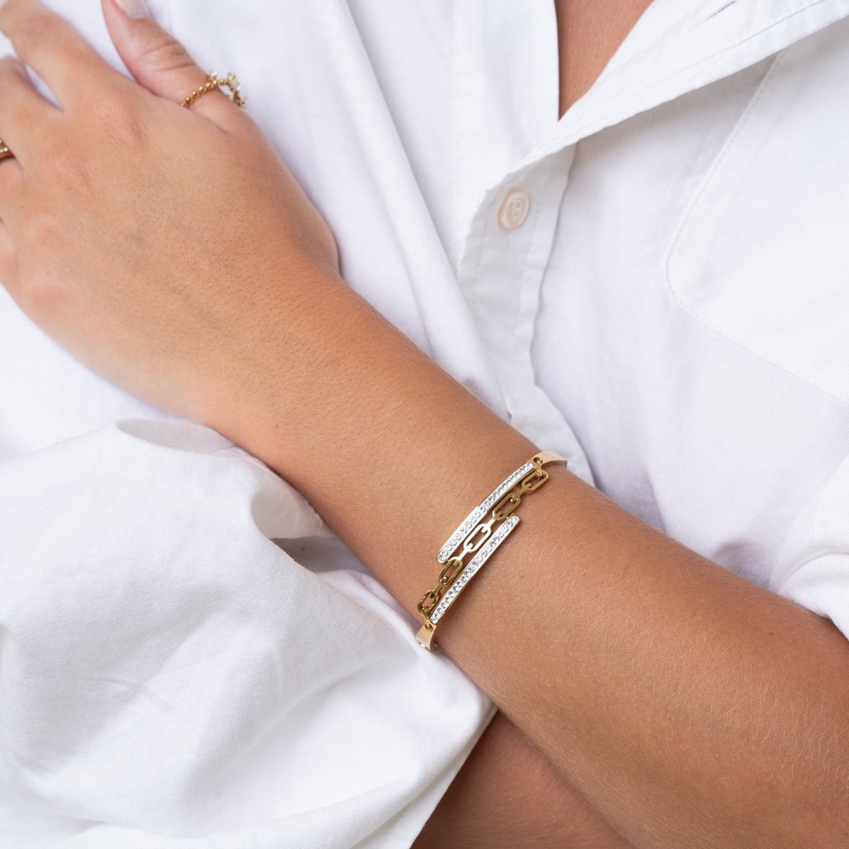 Bushra Margot Stone Bangle Bracelet in gold, made from premium stainless steel with an elegant design.