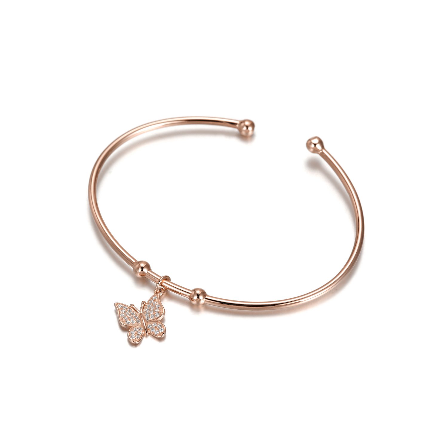 Sterling silver Butterfly Cuff bangle featuring a tiny butterfly charm, elegantly designed for stylish wear.