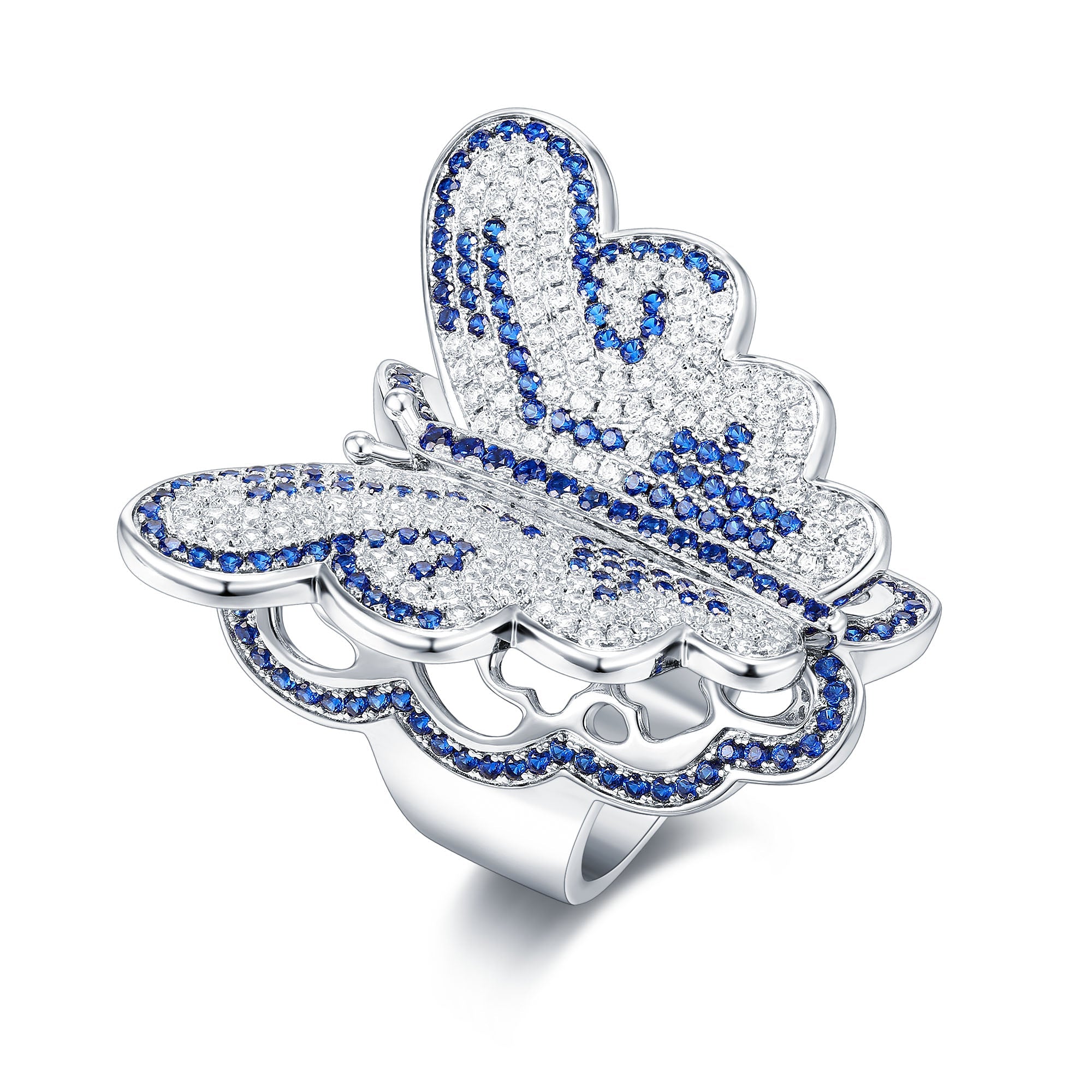 Elegant butterfly ring made of 925 sterling silver with white sapphire, showcasing a luxurious design.