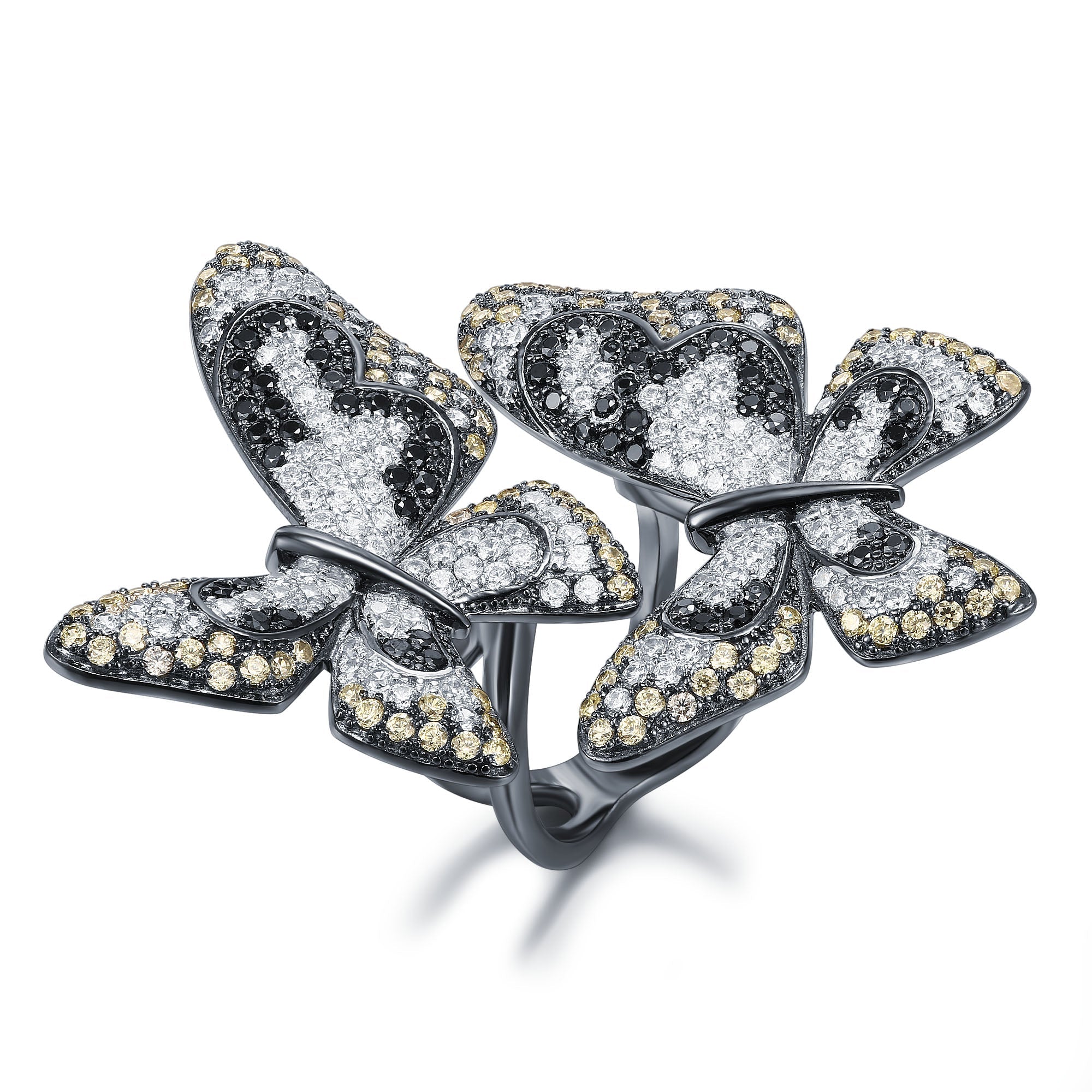 Elegant butterfly ring made of 925 sterling silver with white sapphire, showcasing intricate design and luxurious finish.