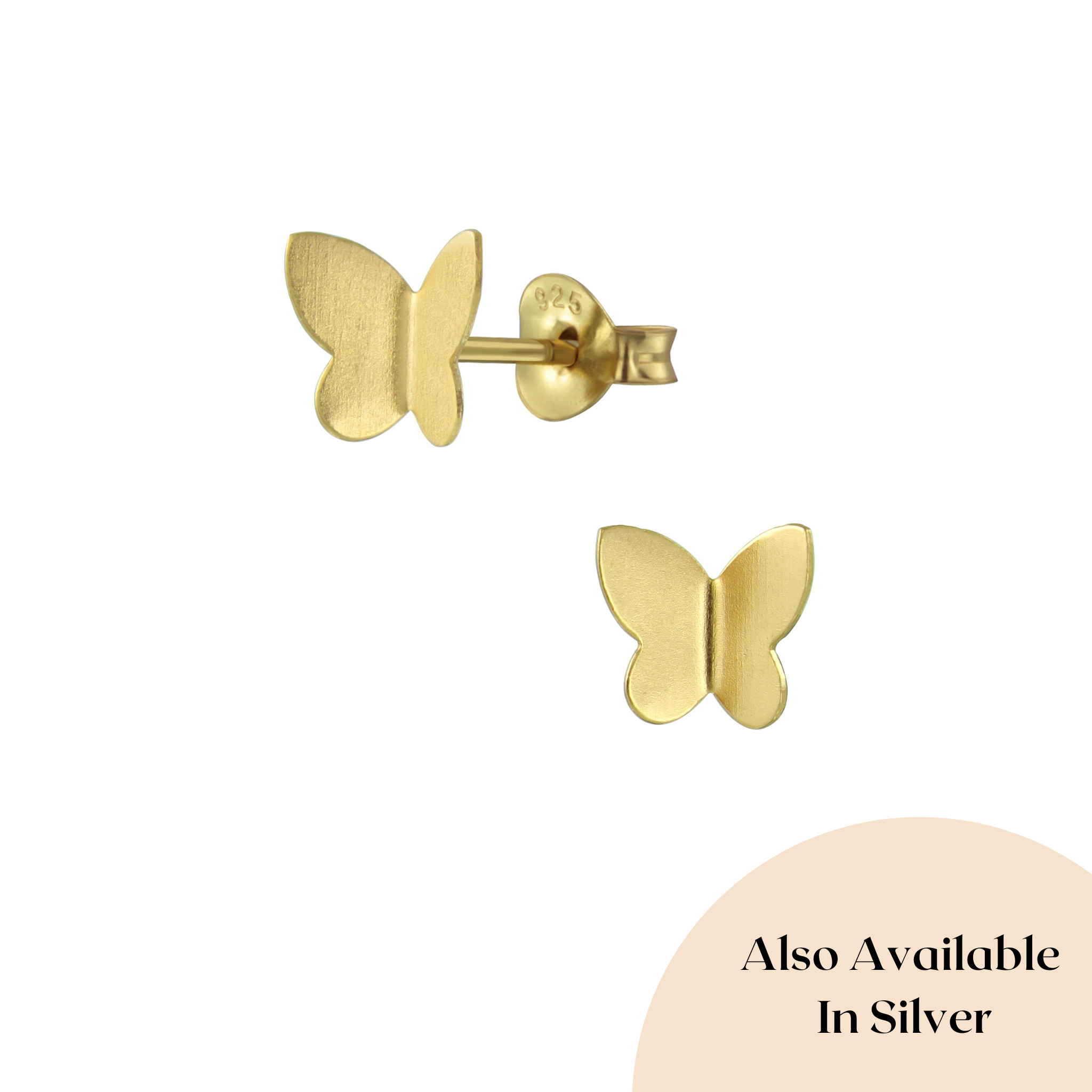 A pair of elegant butterfly stud earrings made from sterling silver and gold-dipped options, showcasing intricate design and shine.