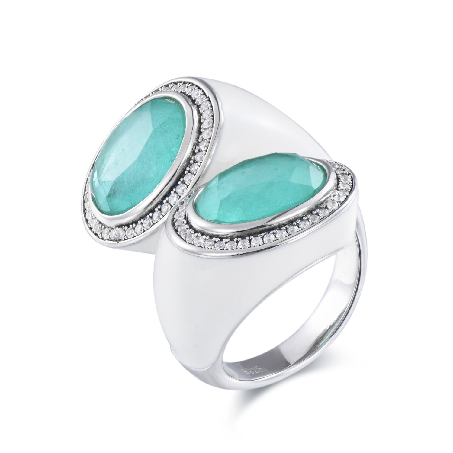 A stylish bypass silver ring featuring two large oval Palaiba aquamarine stones set in a modern design with white enamel.