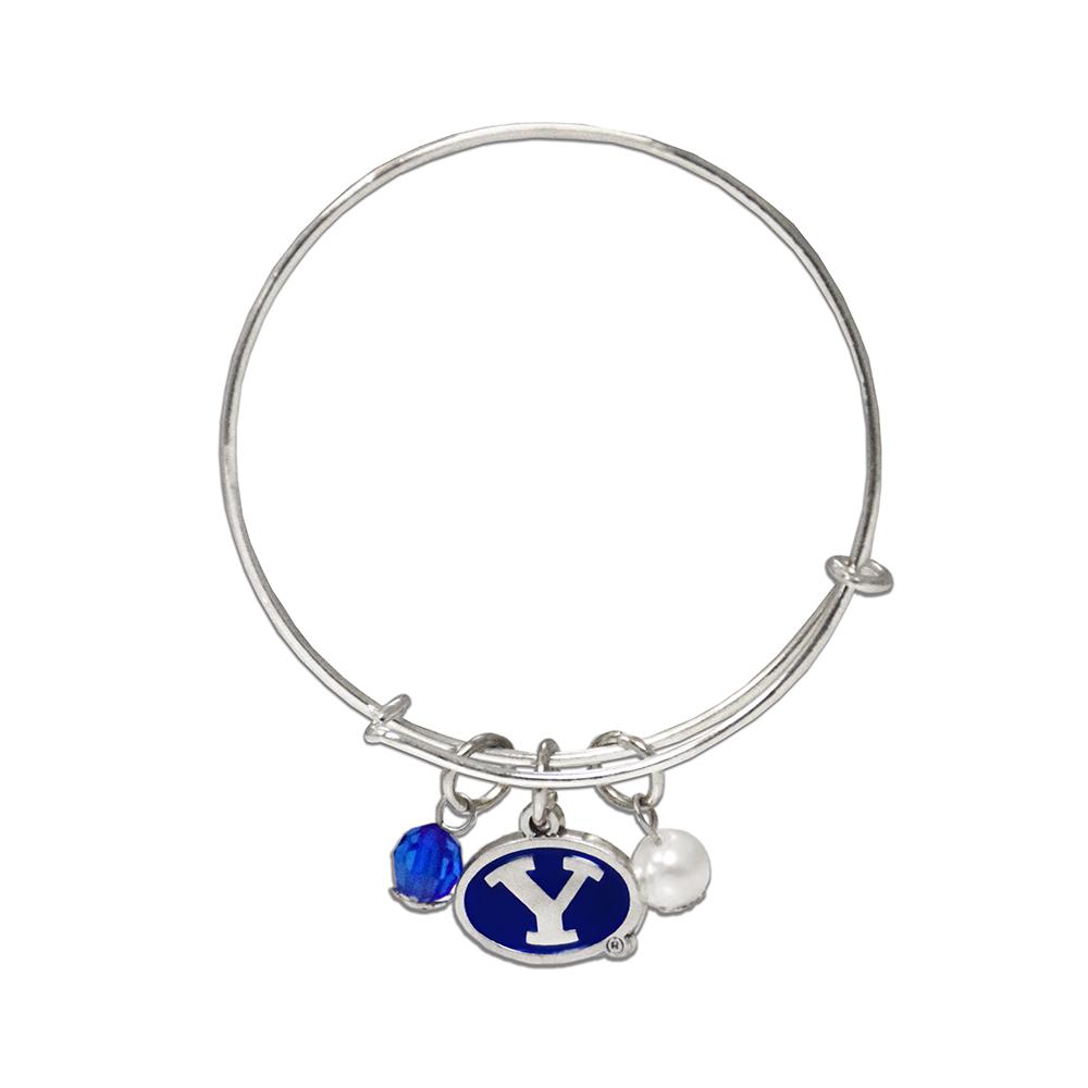 Adjustable BYU Bangle Bracelet featuring logo charm, blue rhinestone, and white imitation pearl.