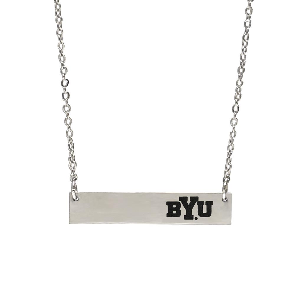 Stylish BYU Bar Necklace with brushed silver finish and adjustable chain.