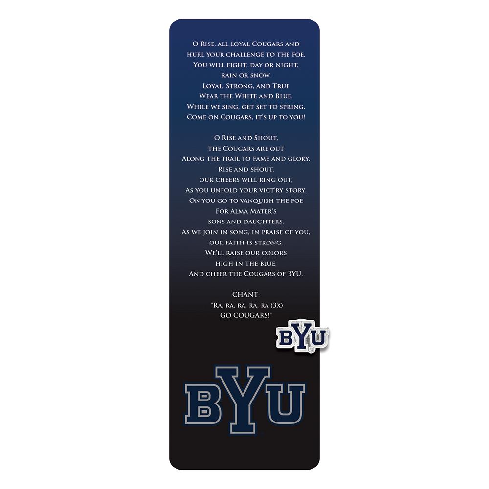 BYU Bookmark featuring the BYU logo and fight song, alongside a BYU logo pin, perfect for fans.