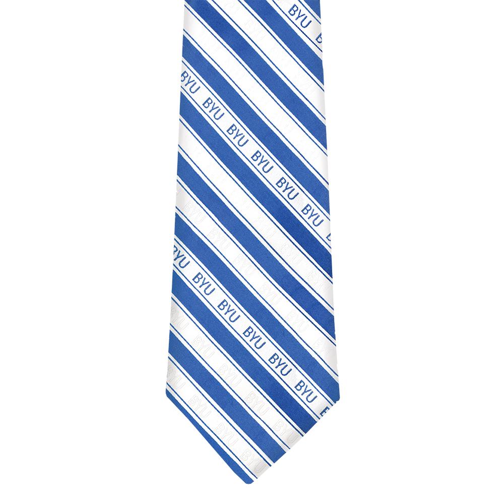 A stylish BYU Boys Tie featuring trendy stripes, made from durable microfiber, perfect for young fans.