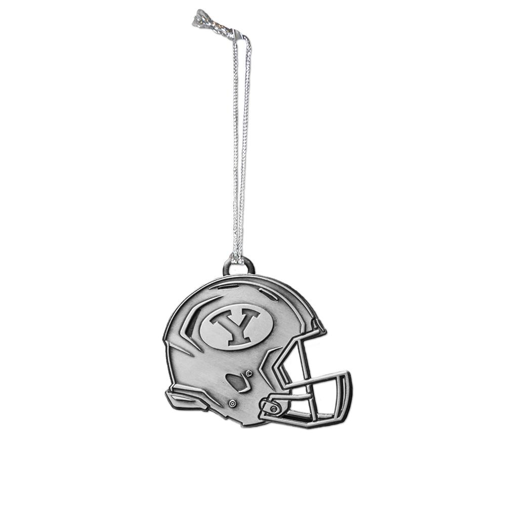 BYU Brigham Young University Metal Helmet Ornament showcasing a detailed helmet design, perfect for holiday displays.