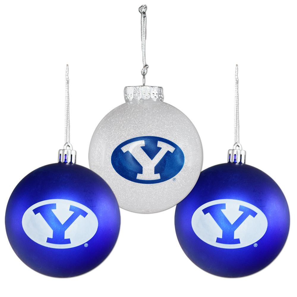 Set of three 3-inch bulb ornaments featuring the BYU logo, perfect for holiday decorations.