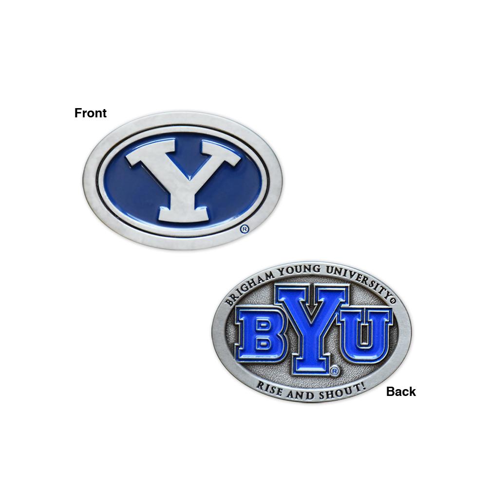 A detailed view of the BYU Collectible Coin featuring a silver finish and the university logo.